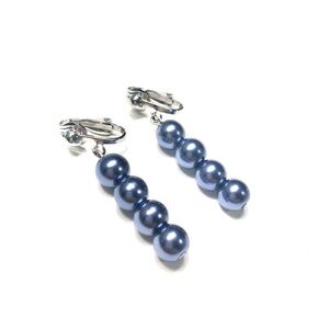 Handmade Navy Blue Glass Pearl Bead Clip-On Earrings Women Gift Anniversary